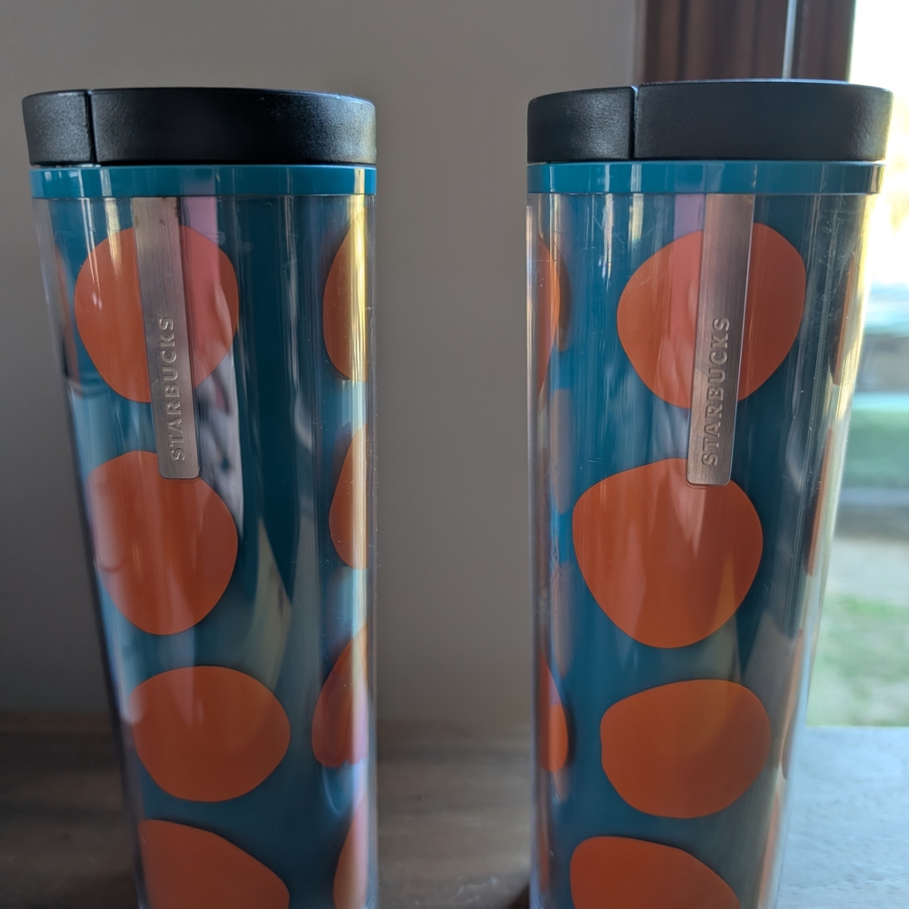 Two Starbucks Blue and Orange Pumpkin And Polka Dot Tumblers